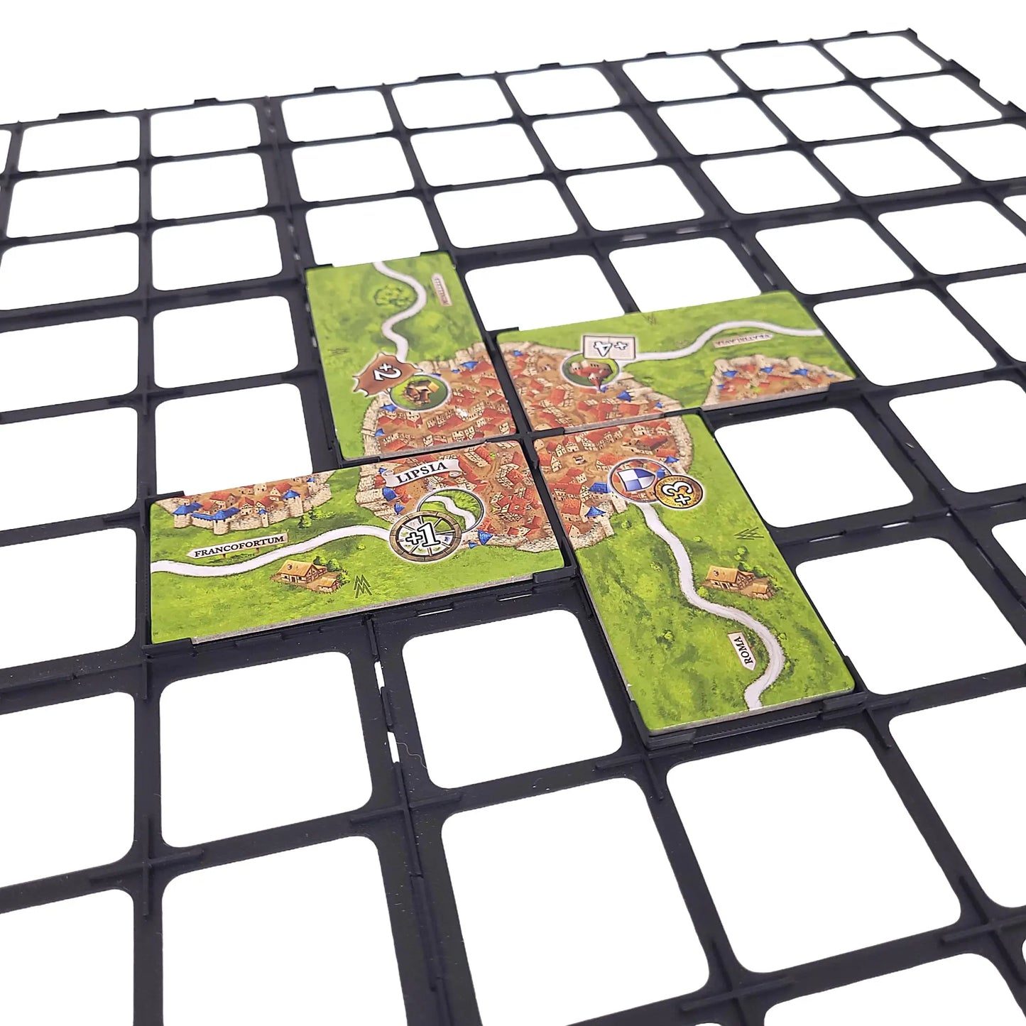 Carcassonne Erweiterung Märkte zu Leipzig – passender Gitteraufsatz für präzise Platzierung der Sonderplättchen
