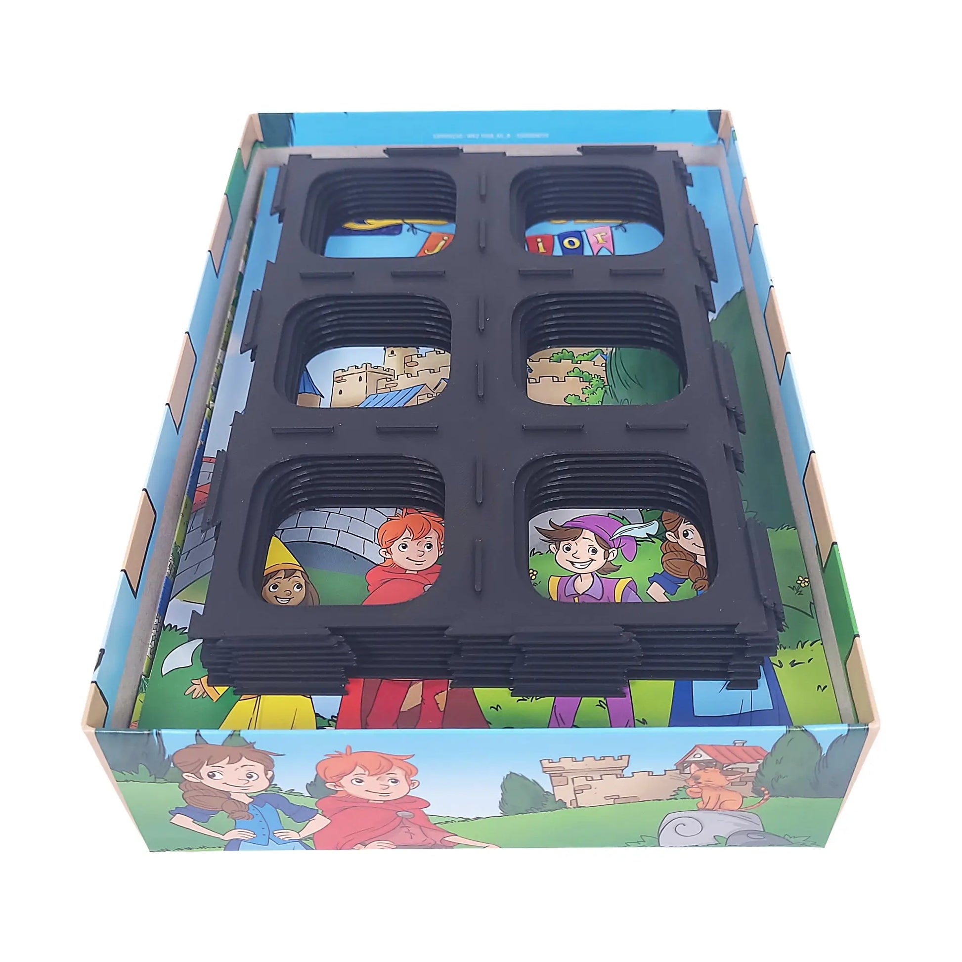 Spielgitter für Carcassonne Junior mit Spielfiguren auf Plättchen, sorgt für Übersicht und Ordnung beim Spielen.