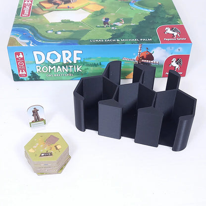 Praktischer Plättchenturm für Dorfromantik – 5 Fächer für Auftrags- und Landschaftskarten