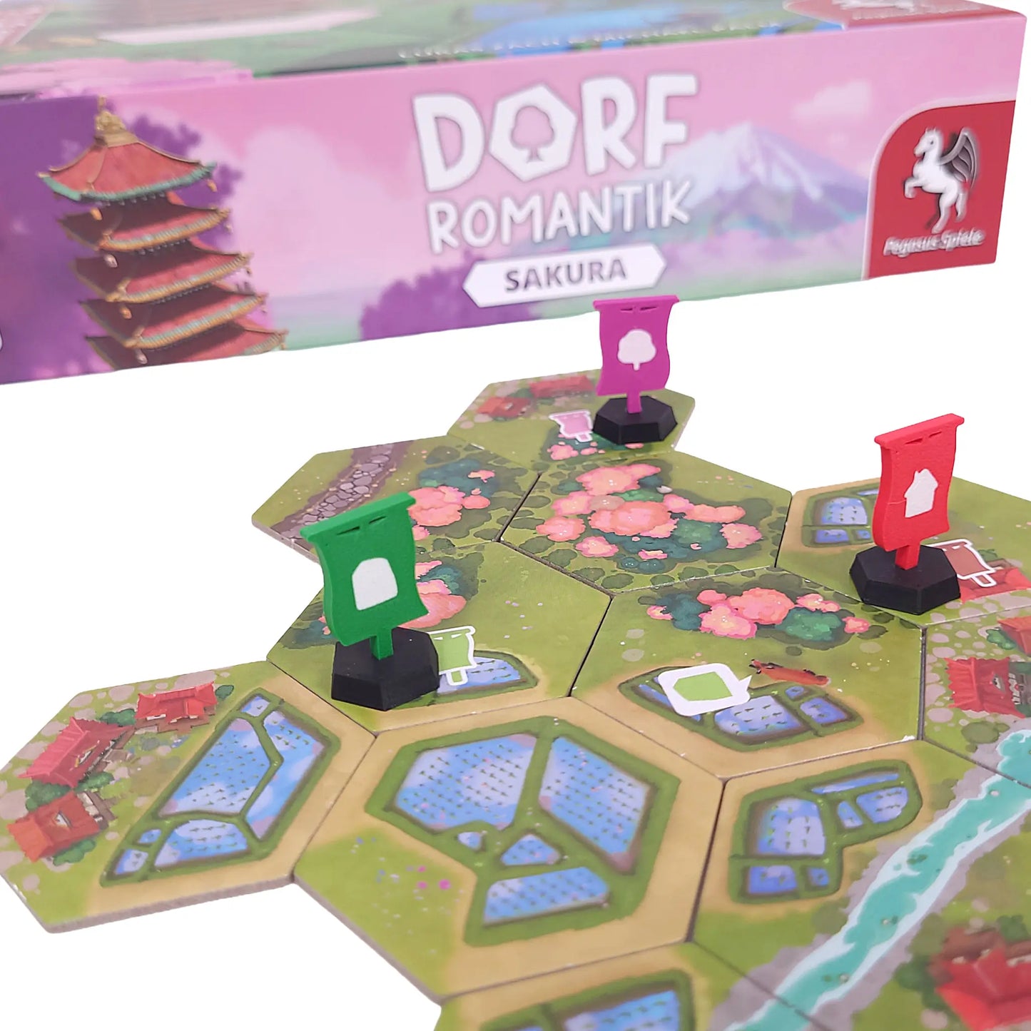Detailaufnahme der 3D-gedruckten Fahnen für Dorfromantik Sakura