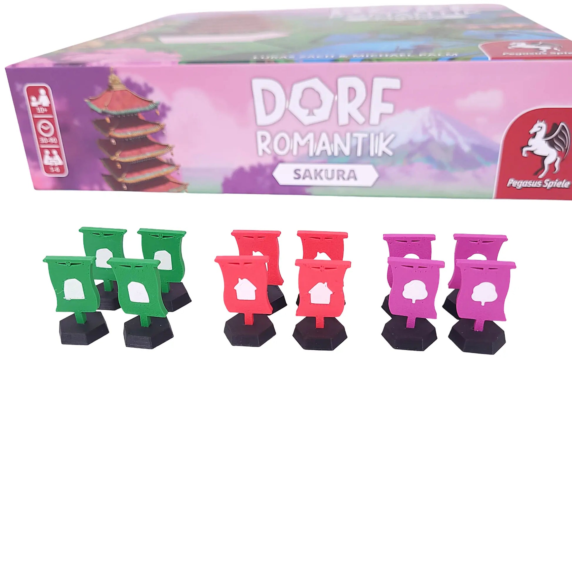 Detailaufnahme der 3D-gedruckten Fahnen für Dorfromantik Sakura