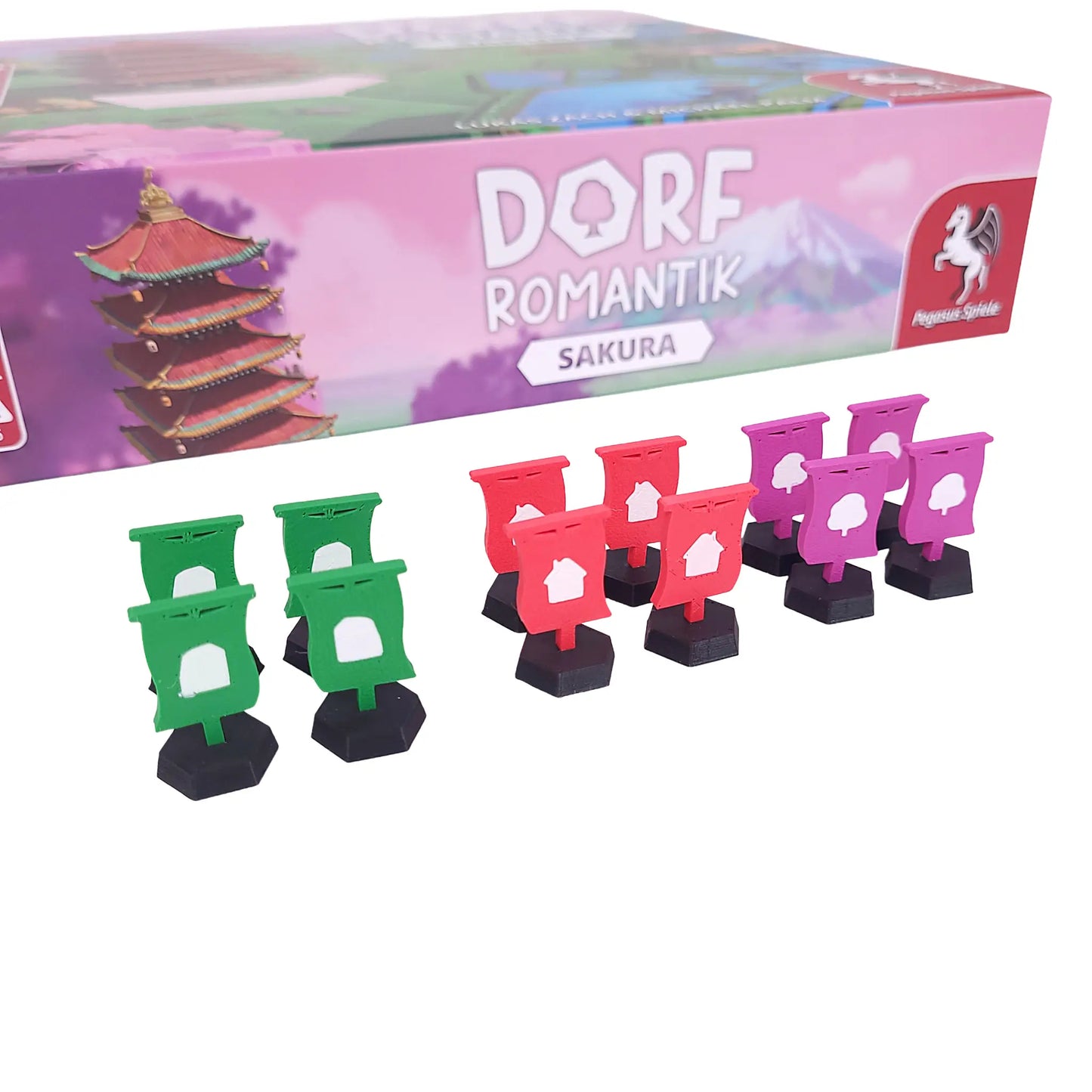 Detailaufnahme der 3D-gedruckten Fahnen für Dorfromantik Sakura
