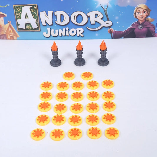 Zubehör-Set Andor Junior: Sonnentoken und Fackeln als Ersatzmarker